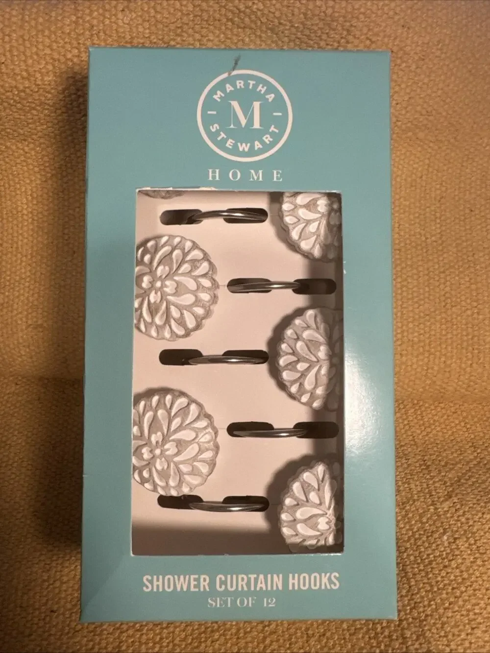 Martha Stewart Shower Curtain Hooks (12) CARVED FLOWER IMPRINT WHITE SILVER NIB